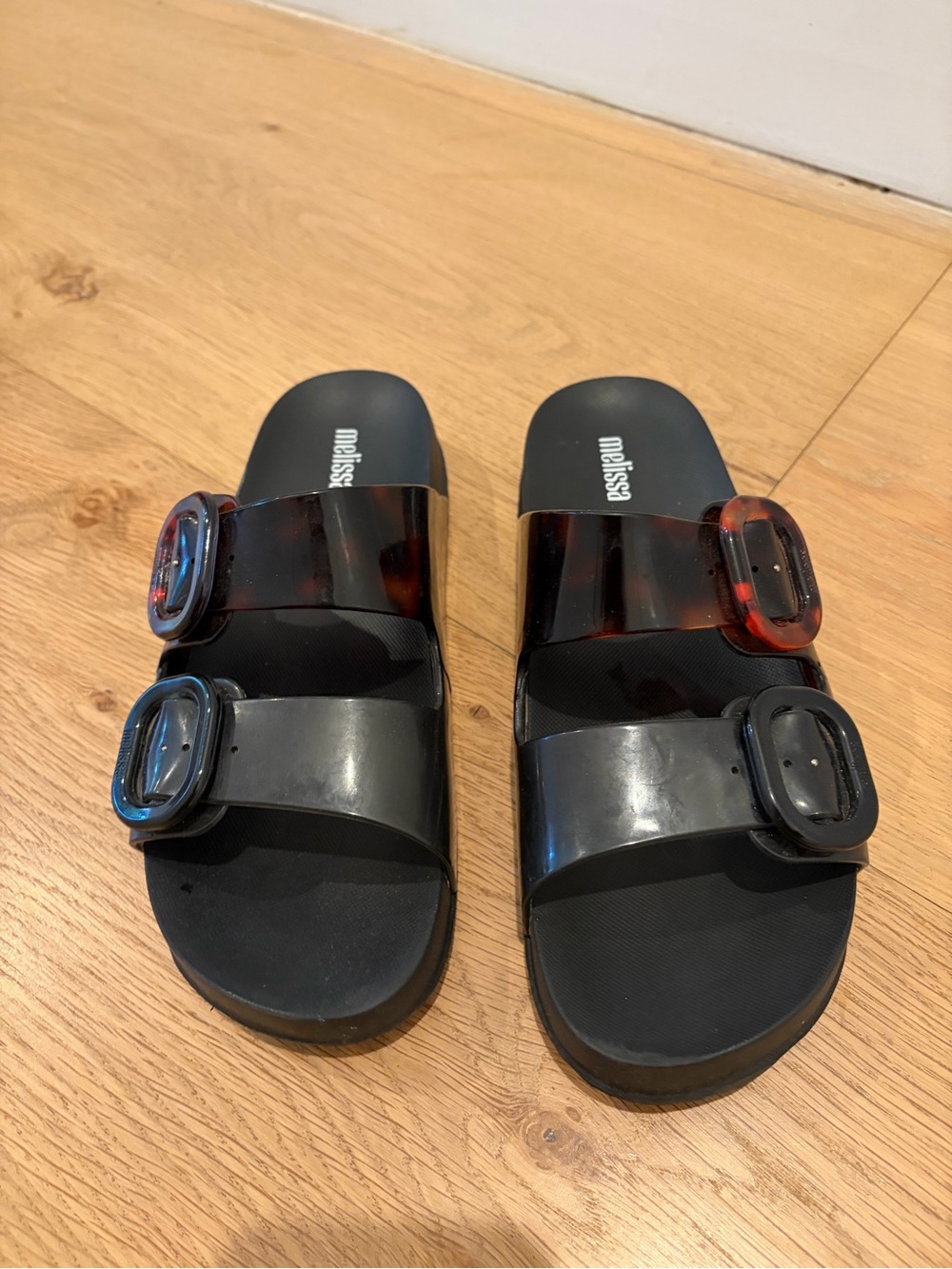 Melissa Black Slides with Tortoiseshell Translucent Buckles